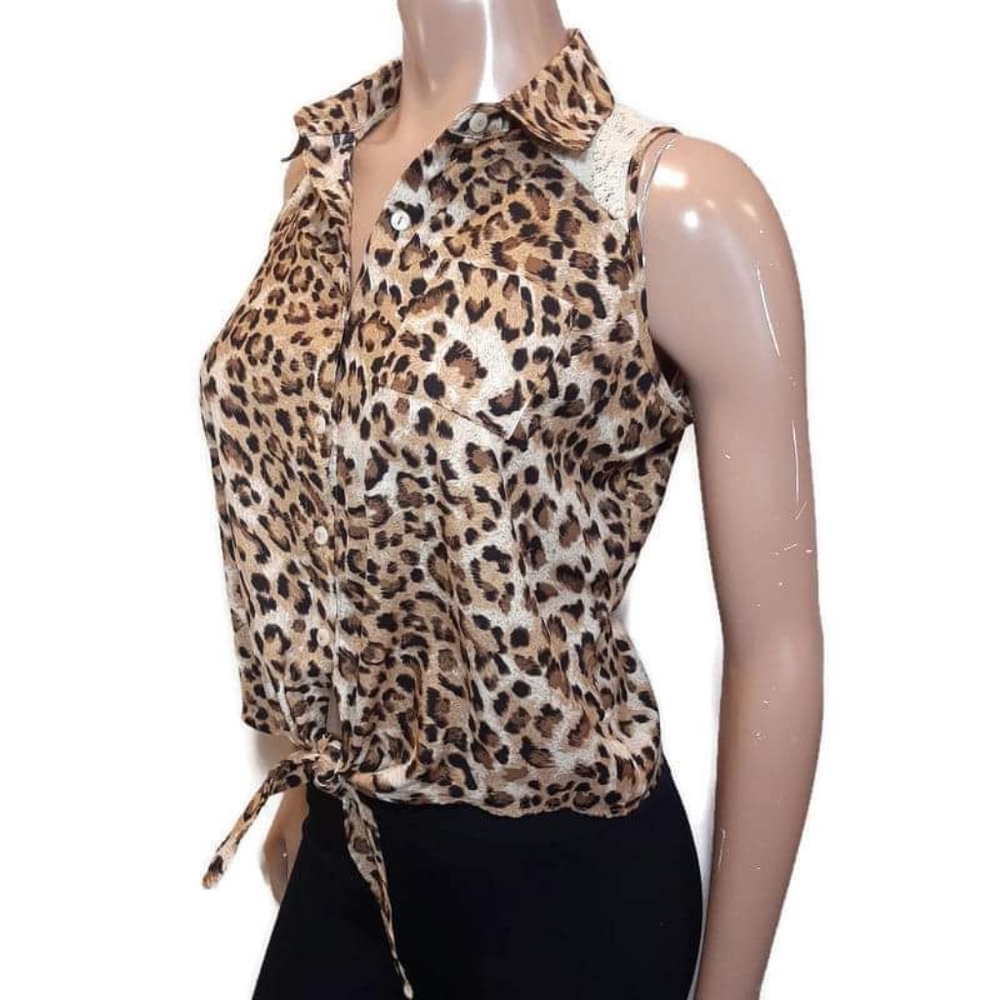 🍁 MATERIAL GIRL Tie Front Sleeveless Top Brown Cream Leopard Crochet Smocked